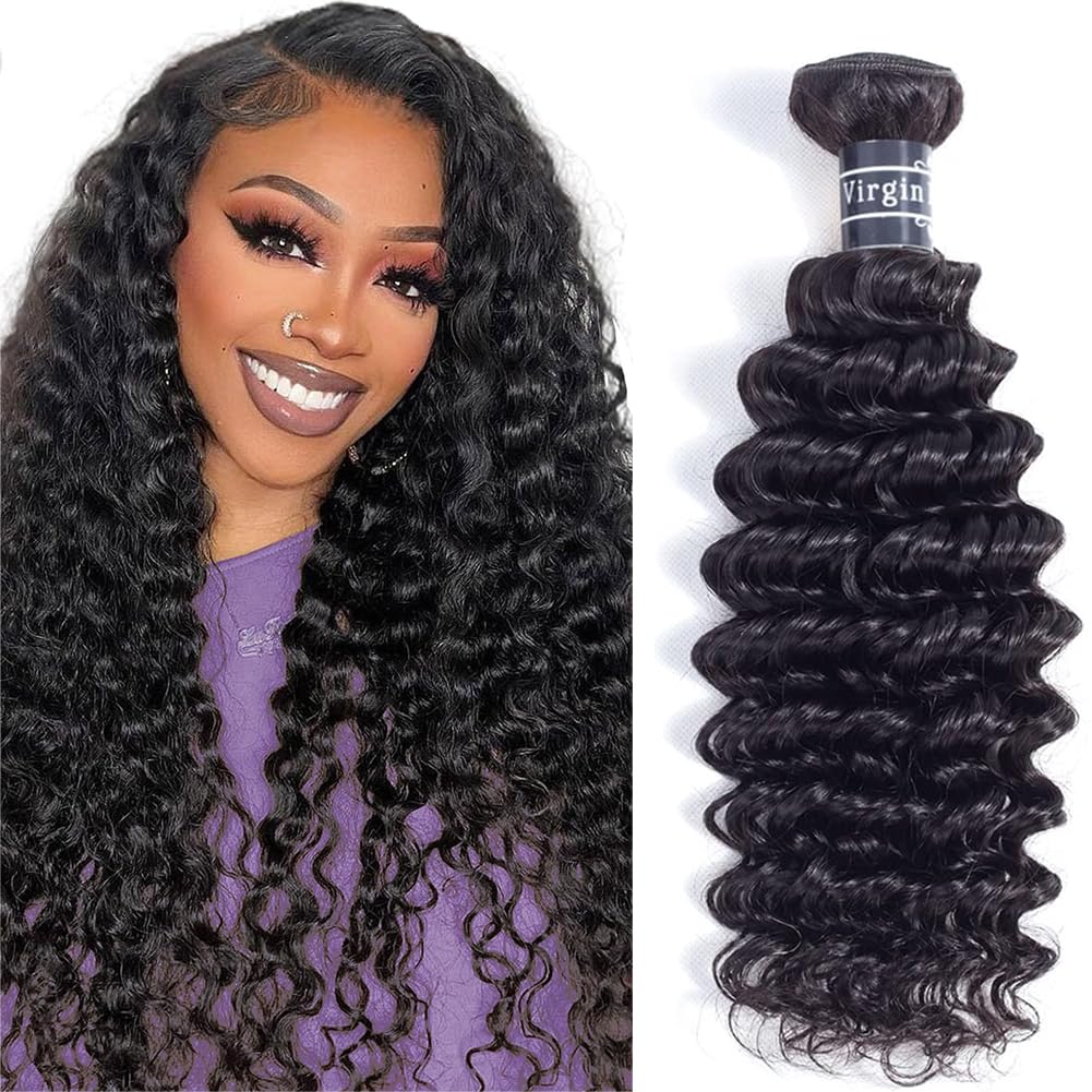 Amella Hair 8A Brazilian Deep Wave Bundle Human Hair (16inch,1 Bundle Only) 100% Unprocessed Virgin Wet and Wavy Deep Wave Curly Bundles Hair Weave Natural Color