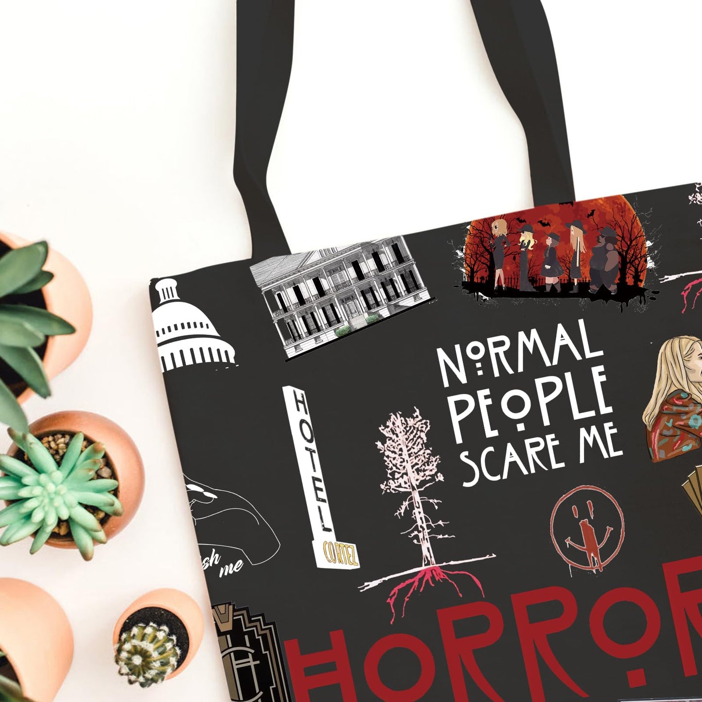 WCGXKO TV Show Inspired Gift Horror TV Show Canvas Tote Bag Reusable Bag Shopping Bag For Fans (Scare tote)