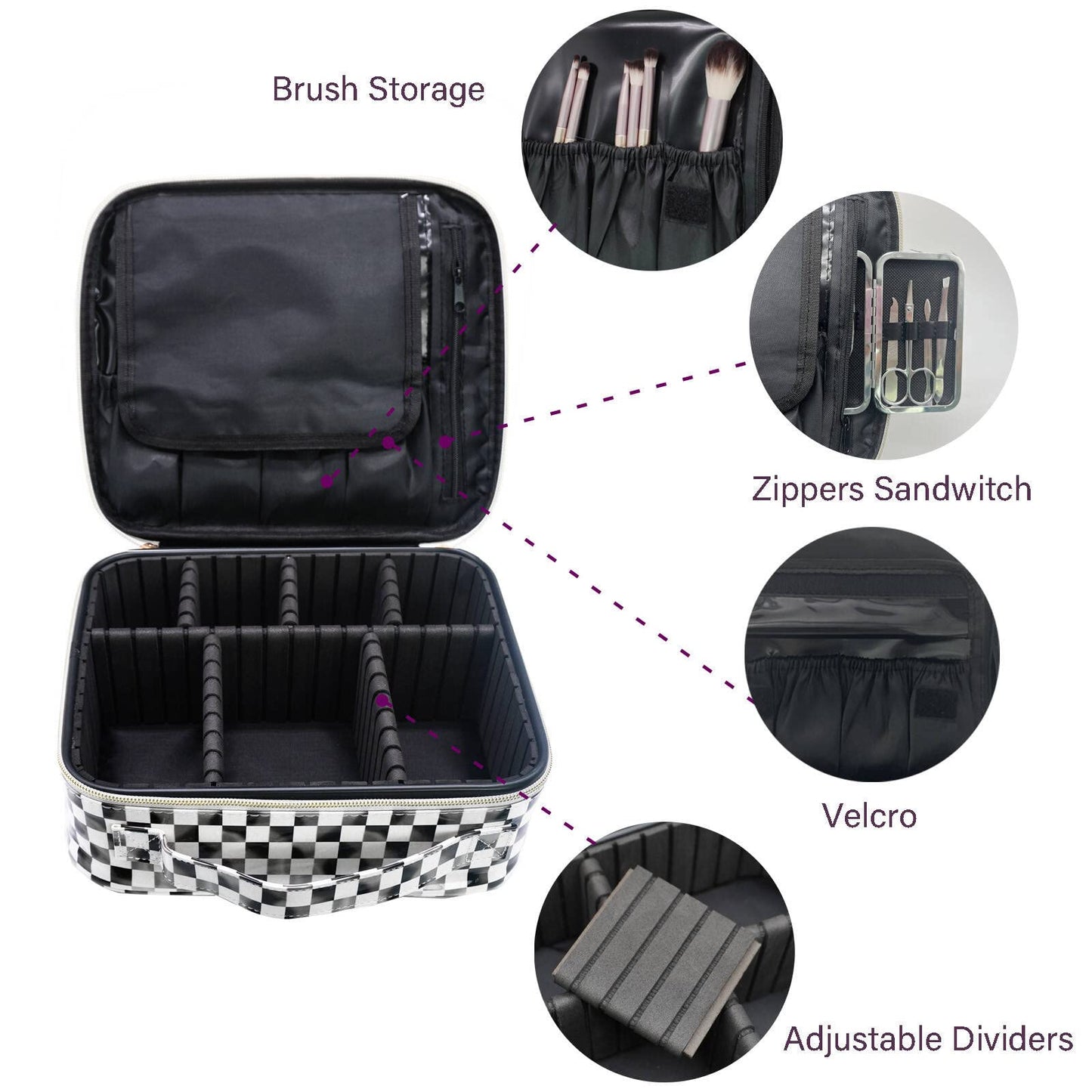 Anbaagsky PU Leather Cosmetic Bag Organizer Waterproof White and Black Checkered Makeup Bag with Adjustable Dividers Travel Makeup Bags for Women Portable Travel Case and Durable