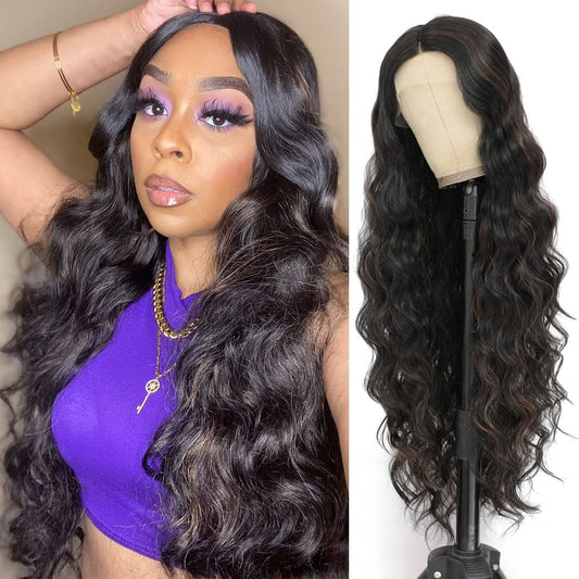 SOKU Highlight Brown Lace Front Wigs for Women 32 Inch Long Wavy Synthetic Hair T Part Transparent Swiss Lace Pre Plucked Loose Deep Wave Curly Wig for Black Women