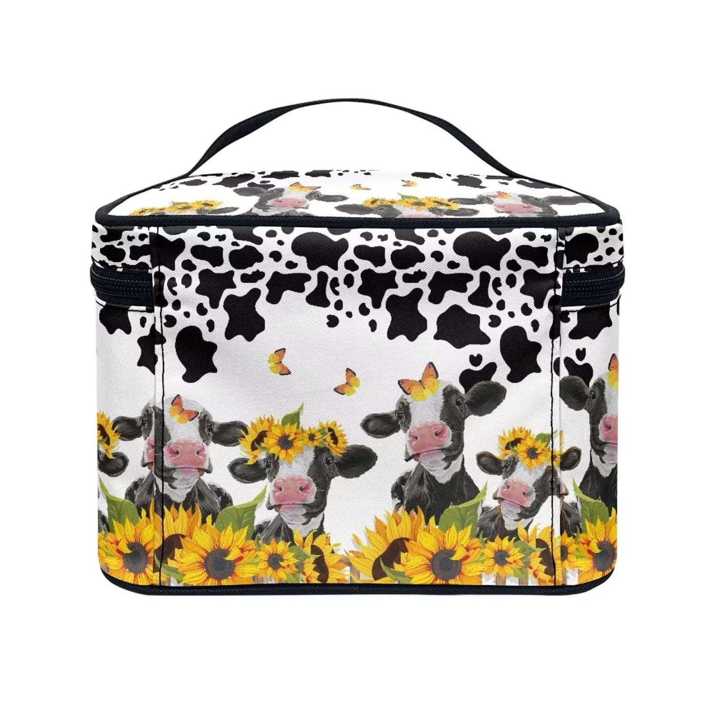 JEOCODY Cosmetic Bags for Women Sunflower Cow Print Portable Cosmetic Bag Multifunction Artist Storage Bag with Dividers for Cosmetics Makeup Brushes, Girls, Women, Friends Gifts