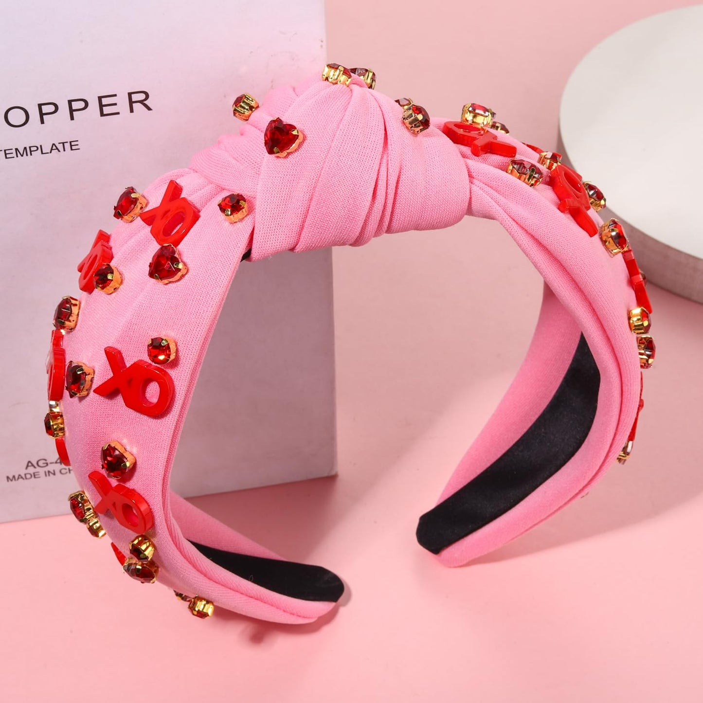 YAHPERN Valentine’s Day Headband for Women Red Pink Heart Knotted Headband Jeweled Rhinestone Crystal Wide Top Knot Hairband Valentine’s Day Hair Accessories Holiday Gifts