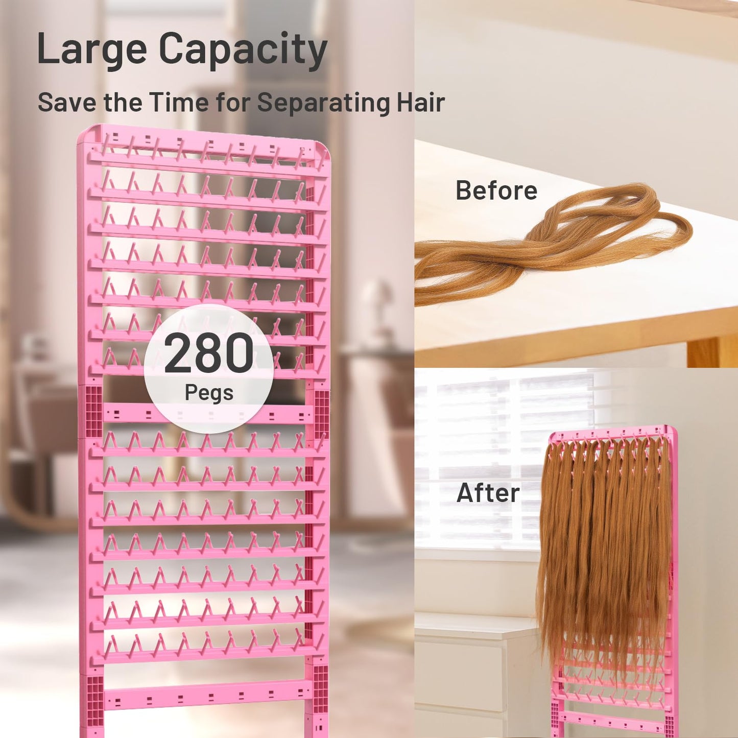 Yumkfoi Adjustable Braiding Rack 280 Pegs, 2-Sided Braiding Hair Rack, Hair Racks for Braiders Standing with Wheels, Pink Hair Separator Braid Rack for Braiders Standing for Stylists