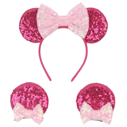 zhezesmila Shiny Mouse Ears Headband and Hair Clips, Glitter Party Princess Decoration with Pink Bow Hair Accessories for Girls Women Adult Kids Birthday Party（Rosa&Pink）