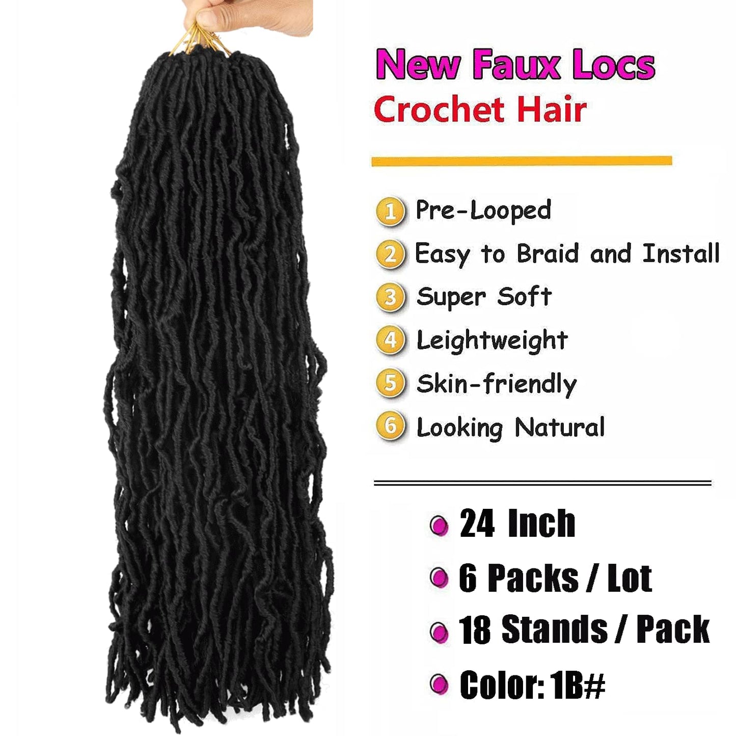 24 Inch Faux Locs Crochet Hair Pre Looped 6 Packs Soft Locs Crochet Braids Goddess Locs Dreadlocs Synthetic Hair For Black Women (24 Inch (Pack of 6), 1#)