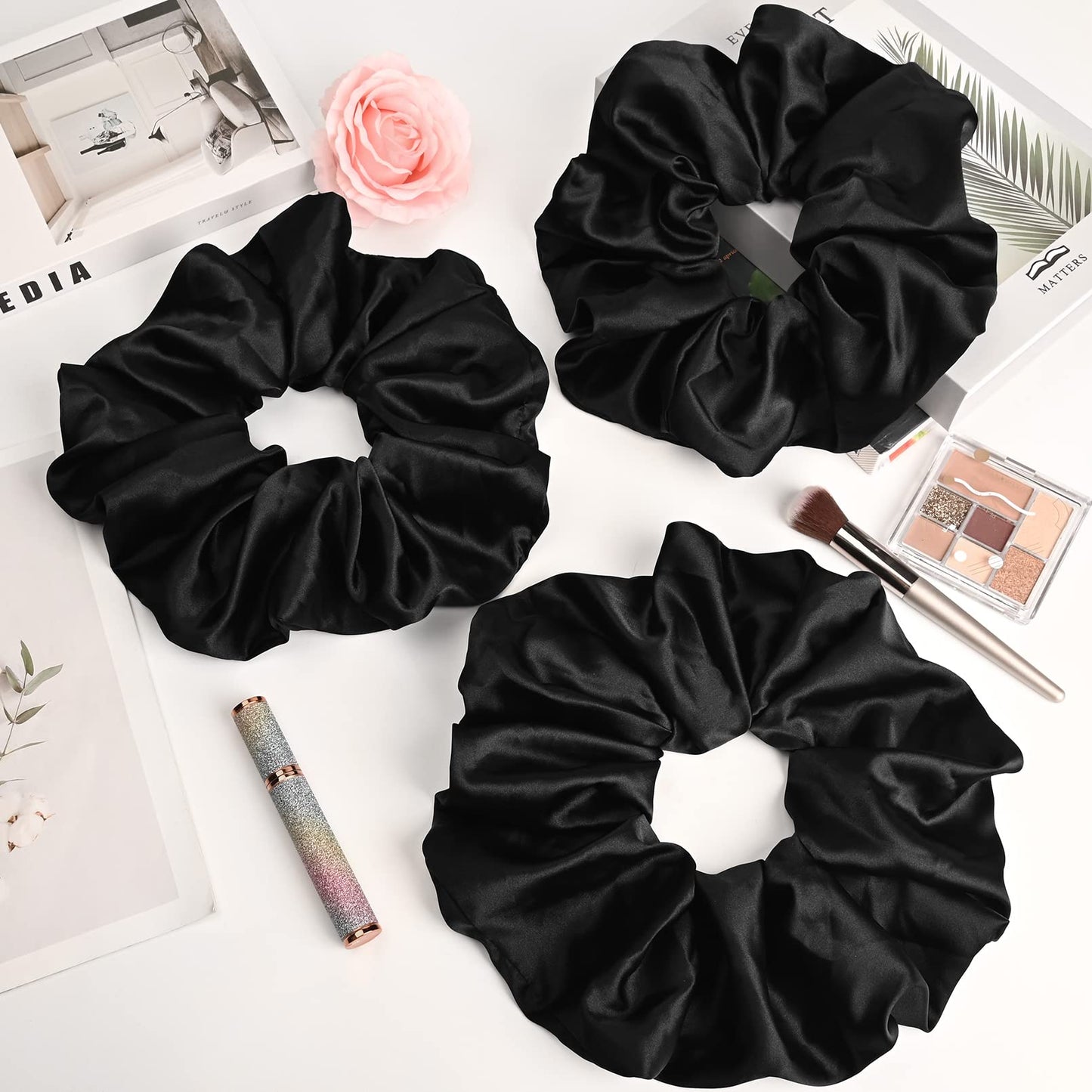 9.5 inch Silk Scrunchies Oversized Scrunchie Jumbo Scrunchies Giant Silk Scrunchie Extra Large Satin Scrunchies Thick Elastic Fluffy Hair Ties for Women and Girls 3 Pack (Black, Black, Black)