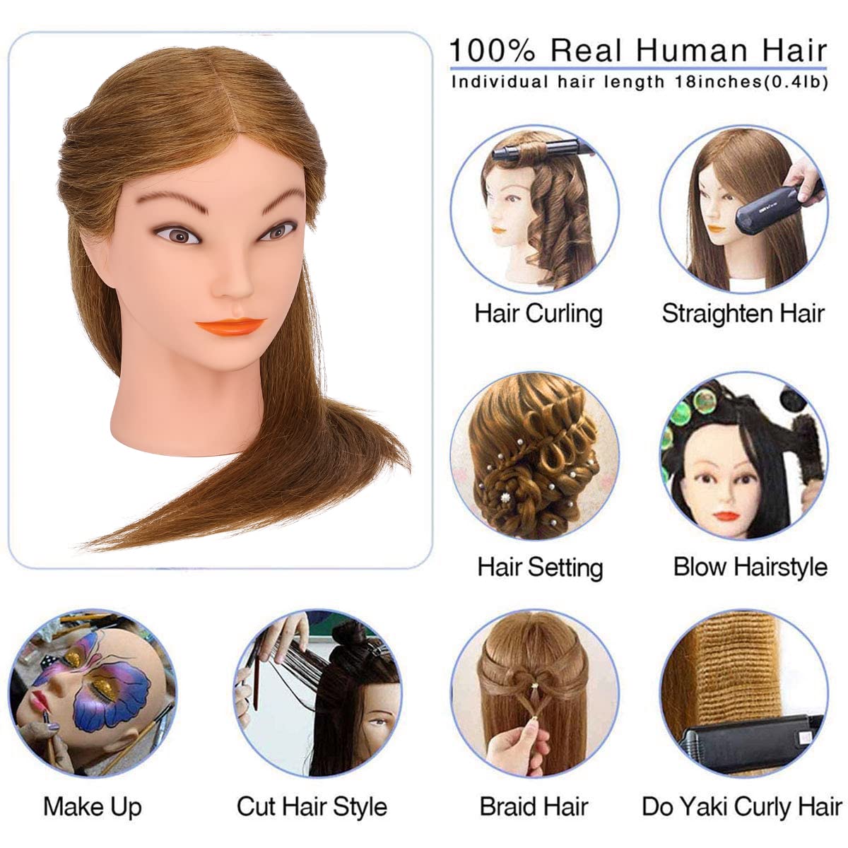 Mannequin Head with 100% Real Hair, TopDirect 18" Brown Real Hair Cosmetology Manikin Head Hair Styling Hairdressing Practice Training Doll Heads with Clamp Holder and Tools