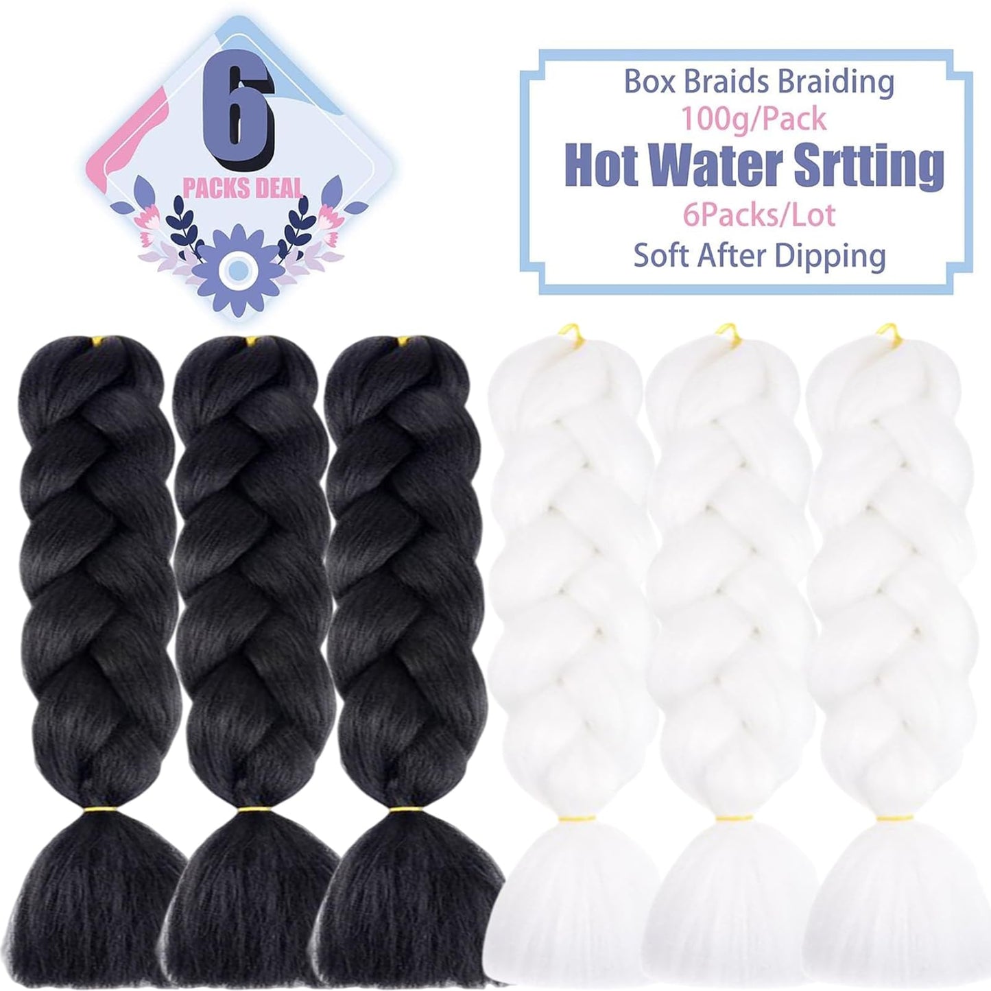 LILYKA SHOW 6 Packs 24 Inch Braiding Hair Extensions for Women Braiding Hair Ombre Jumbo Braiding Hair Extensions High Temperature Synthetic Braiding(24 Inch (Pack of 6), Black/White)