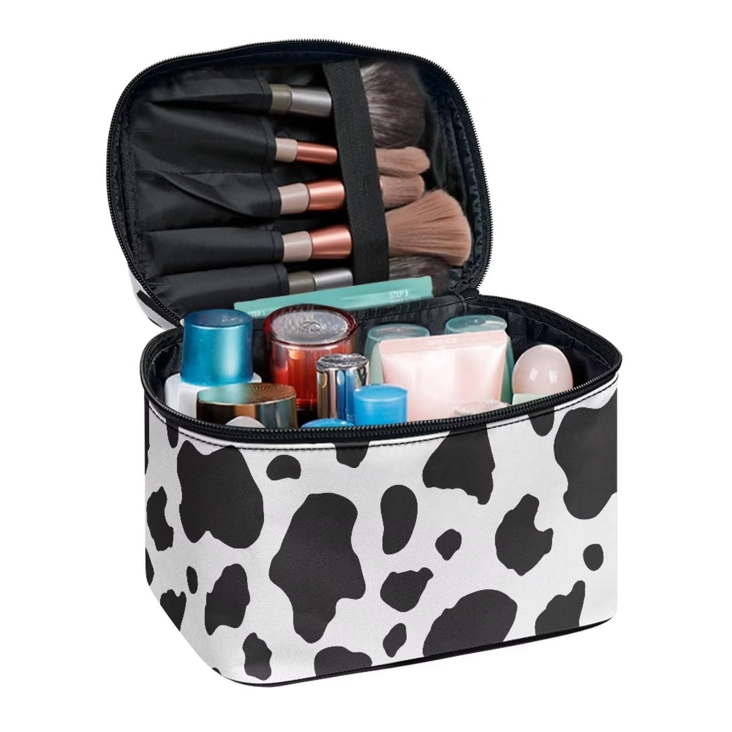 Psaytomey Makeup Brush Bag Black White Cow Print Cosmetic Brush Case Travel Essentials Accessories for Toiletries Cute Purse with Zipper Pocket