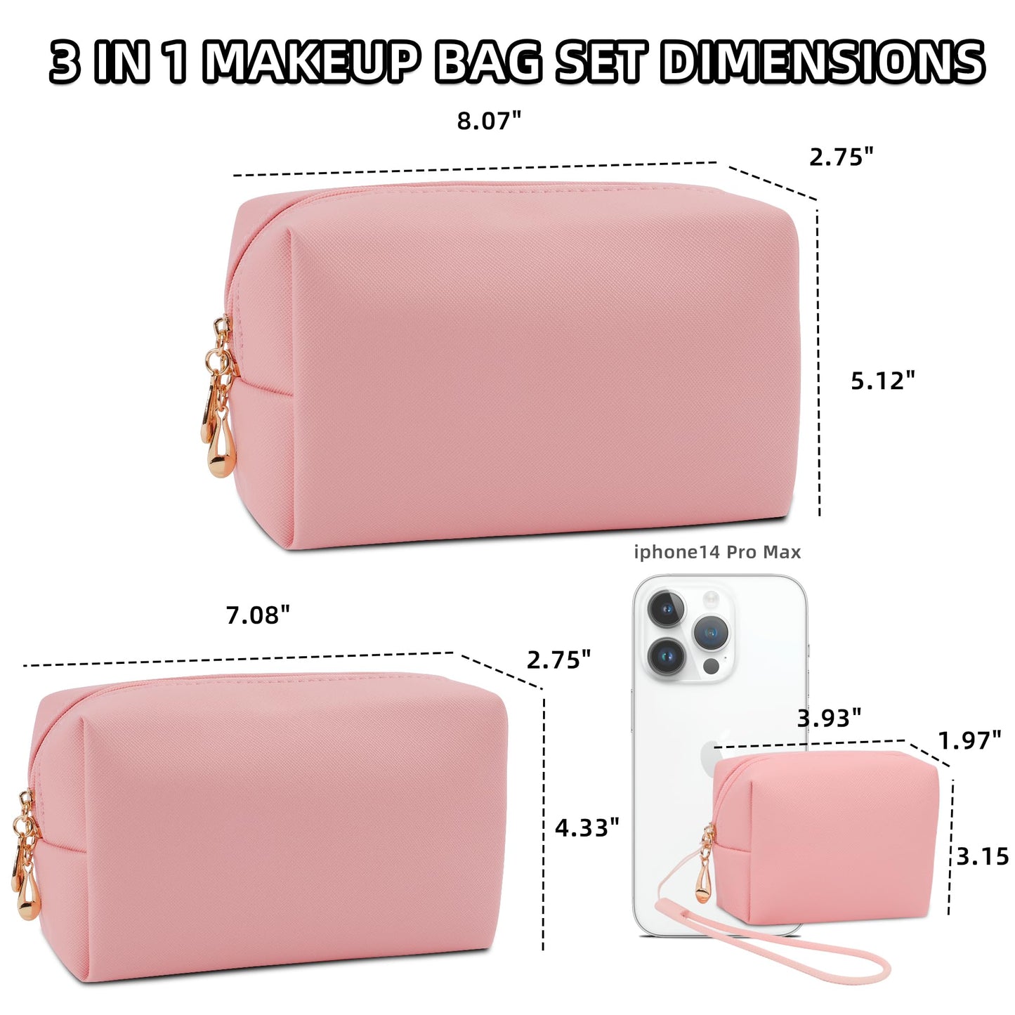 Likesing Small Makeup Bag Set, 3 Piece Preppy Nylon Travel Cosmetic Bags for Women, Mini Storage Pouch for Cosmetics Make Up Toiletry, Birthday Gift for Teen Girl (Pink, 3.5''-7.6'')