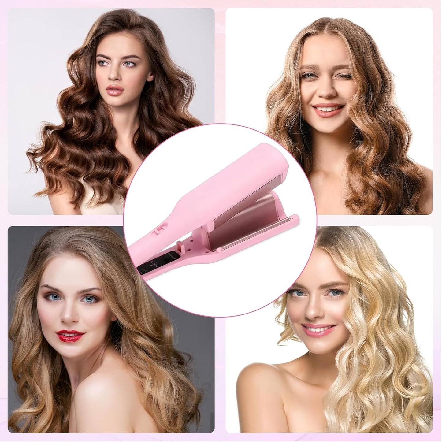 32mm (1.25") Wave Curling Iron, Hair Curling Iron with Anti-Scald Hair Crimper, Fast Heating Curling Wand for Women, 4 Temp Settings, Crimper Hair Iron for Wide Deep Waves (Pink)