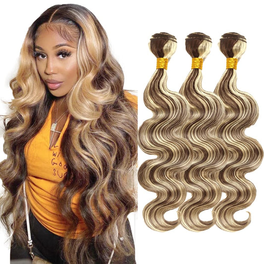 Highlight Human Hair Bundles Honey Blond Bundles P4/613 Body Wave Human Hair Bundles Brazilian Unprocessed Virgin Hair 3 Bundles 8 10 12 Inch Two Tone Brown and Honey Blonde Bundles