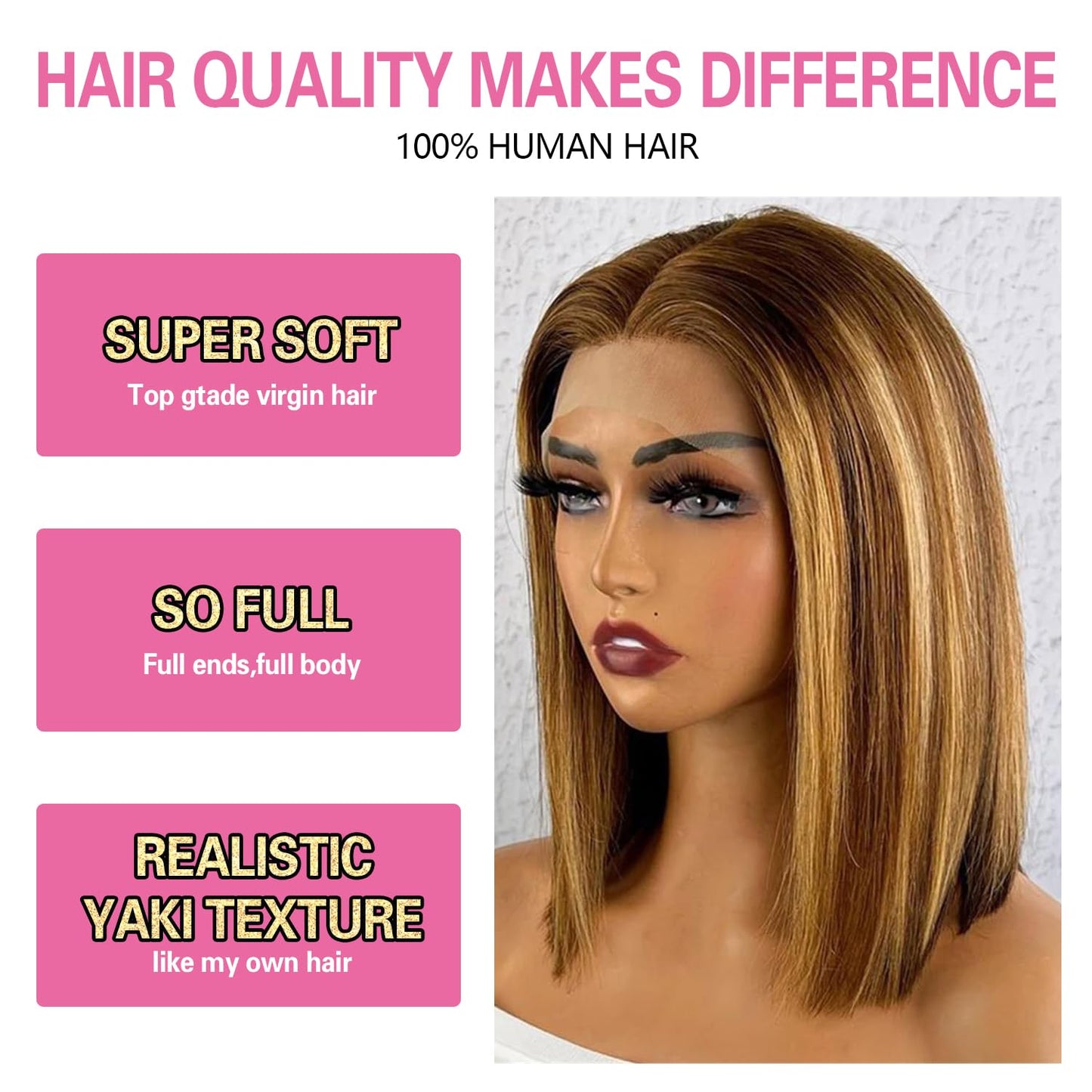 Highlight Bob Wig Human Hair Ombre 13x4 Hd Lace Front Wigs Human Hair Pre Plucked with Baby Hair 180% Density Honey Colored Frontal Glueless Short Straight Blonde Bob Wigs for Women p4/27 12 Inch