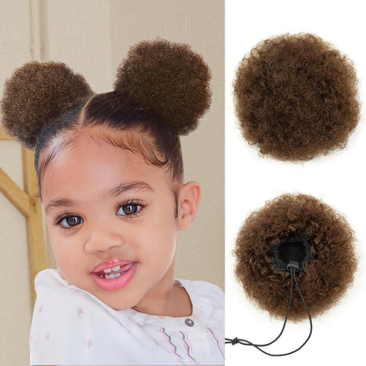 isheeny Small Human Hair Ponytail Extension For Kids 2-5 Years Old, Brown Human Hair Bun Small Drawstring Ponytail For Little Girls, Curly Hairpiece Natural, Soft, And Durable For Repeated Use