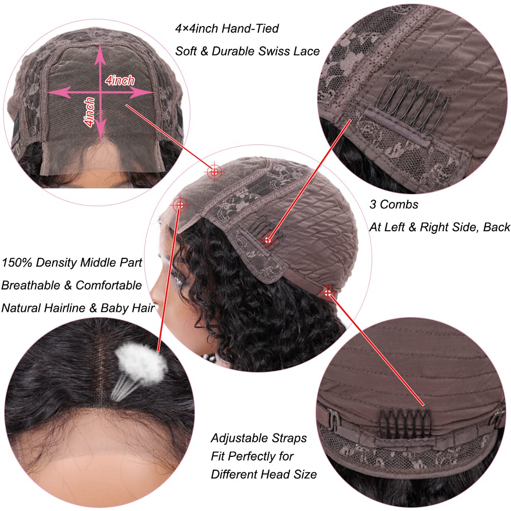 UMEGIRL Short Curly Lace Closure Bob Wigs Human Hair 150% Density Water Wig Wet and Wavy Wigs for Black Women 4x4 Curly Bob Wigs Human Hair Natural Color 16inch