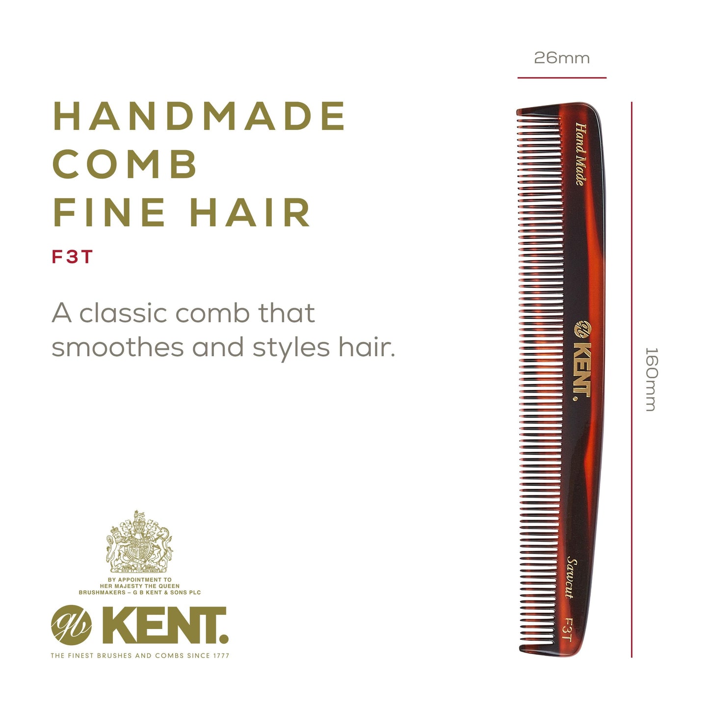 Kent F3T Handmade Dressing Table Comb for Men and Women, All Fine Tooth Hair Comb Straightener for Everyday Grooming Styling Hair, Beard and Mustache, Saw Cut and Hand Polished, Made in England