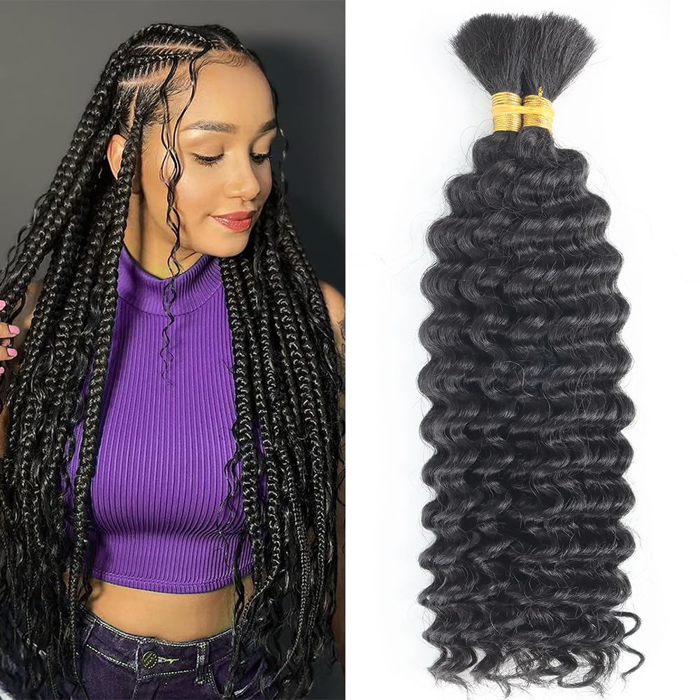 Human Braiding Hair Deep Wave Bulk Human Hair for Braiding 2 Bundles/Pack 100g Wet and Wave Deep Curly Braiding Hair for Boho Braids Bundle Brazilian Virgin Human Hair Extensions Natural Color