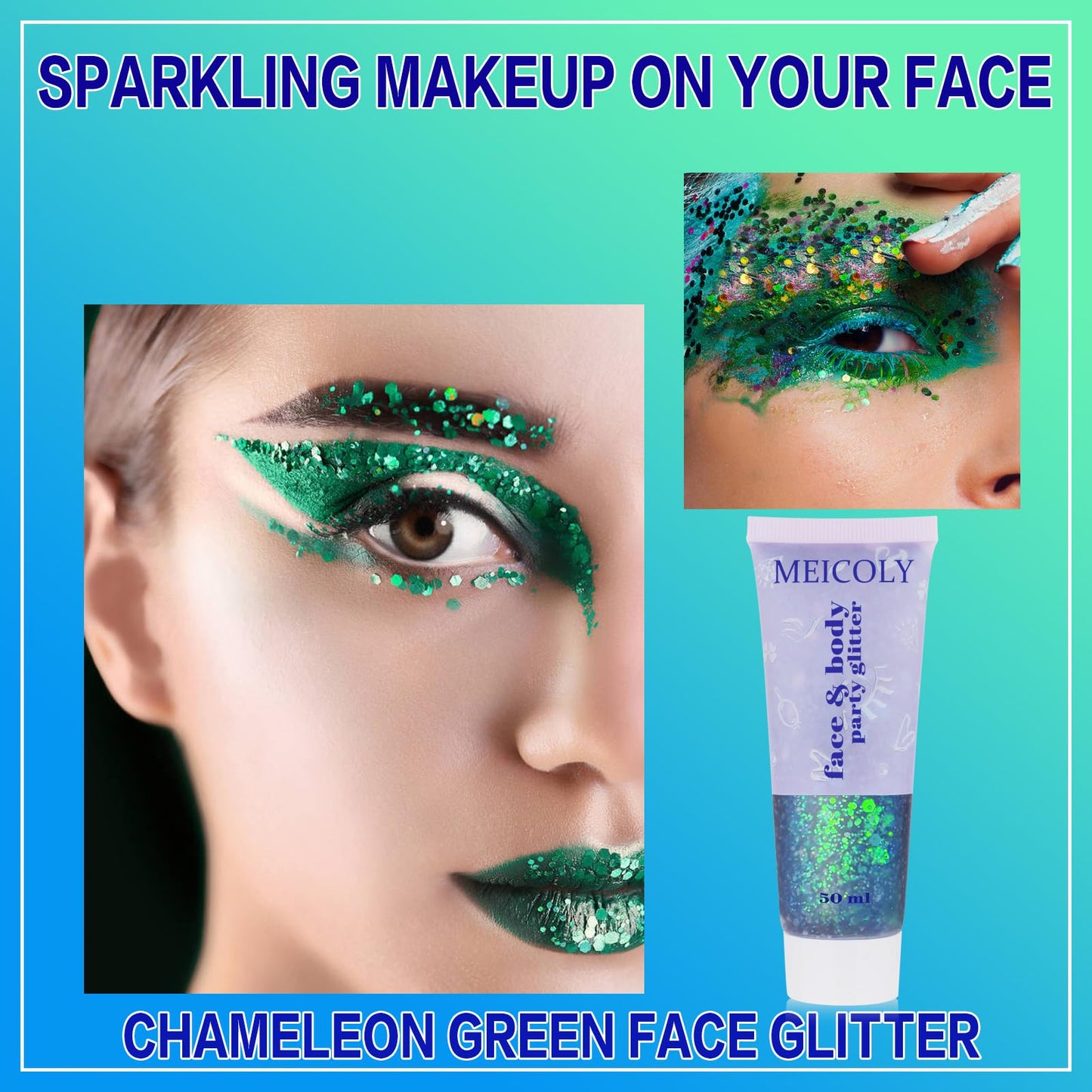 MEICOLY Chameleon Green Body Glitter,Chunky Glitter Face Paint,Color Changing Mermaid Face Glitter Gel,Holographic Glitter Sequin for Face Body Hair,Halloween Festival Party Glitter Makeup,50ml