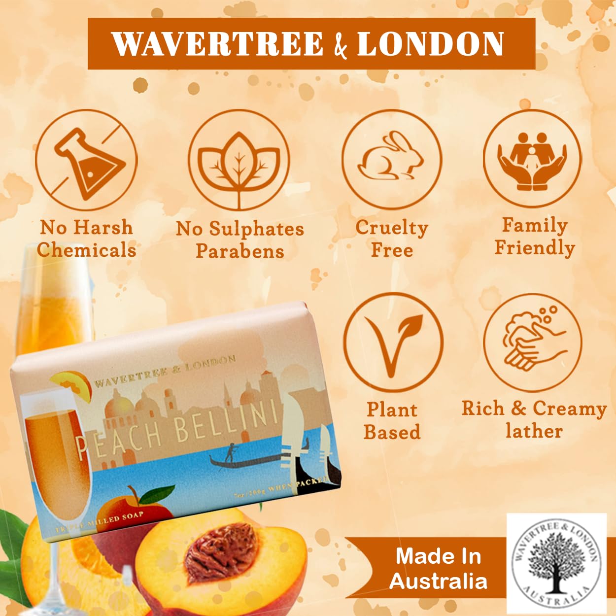 Wavertree & London Peach Bellini Scented Natural Soap (2 Bars), 7oz Moisturizing French Triple Milled Soap Bars enriched with shea butter - Pure Plant Oil Bath & Body Soap for All Skin Types