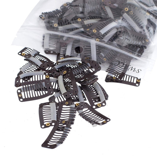 SWACC 100 Pcs U Shape Metailic Snap Clips ins for Hair Extension Hairpiece DIY Snap-Comb Wig Clips with Rubber (Brown, 9-Teeth 6 Holes)