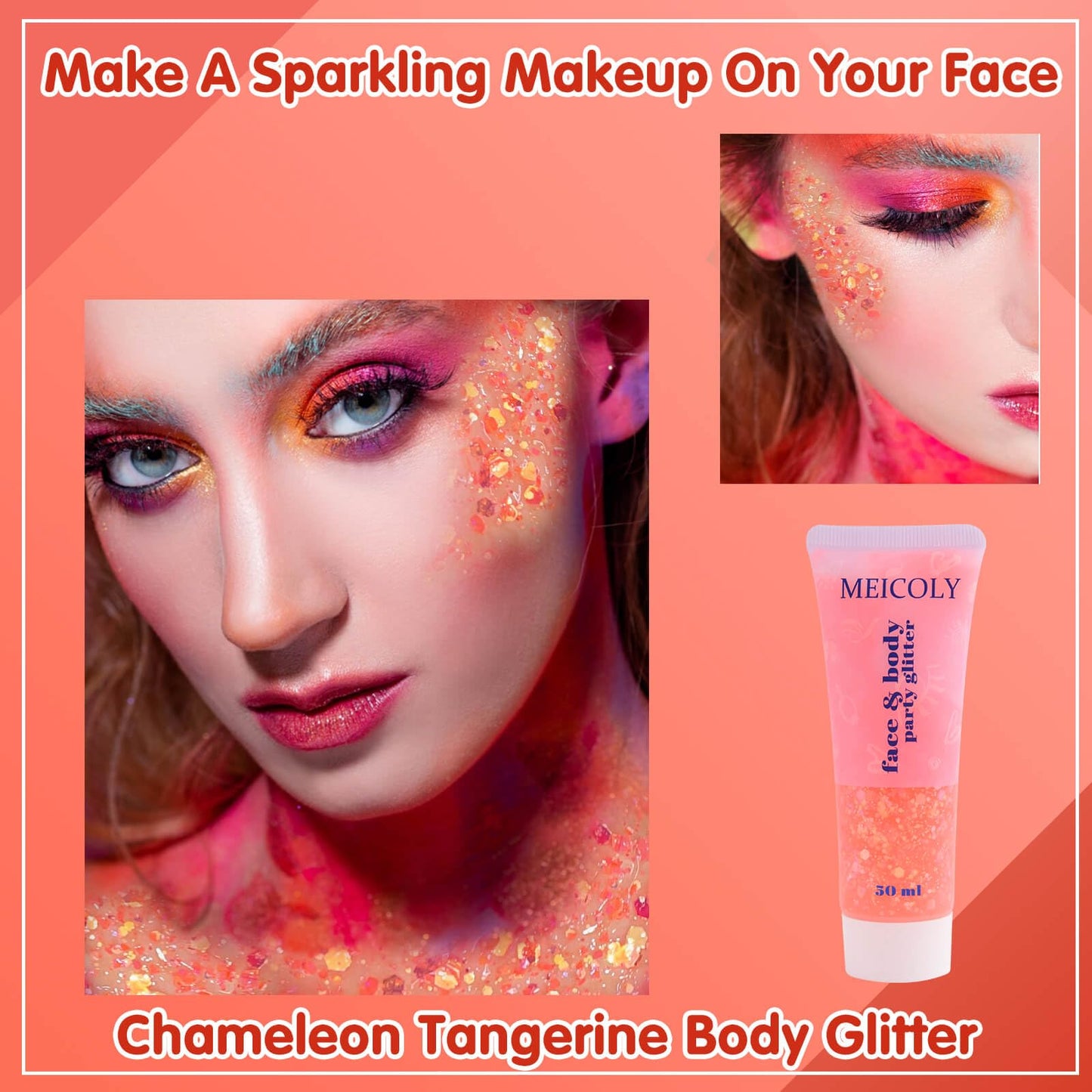 MEICOLY Chameleon Tangerine Body Glitter,Chunky Face Glitter Paint,Color Changing Mermaid Face Glitter Gel,Holographic Glitter Sequin for Face Body Hair,Festival Party Cheer Glitter Makeup,50ml