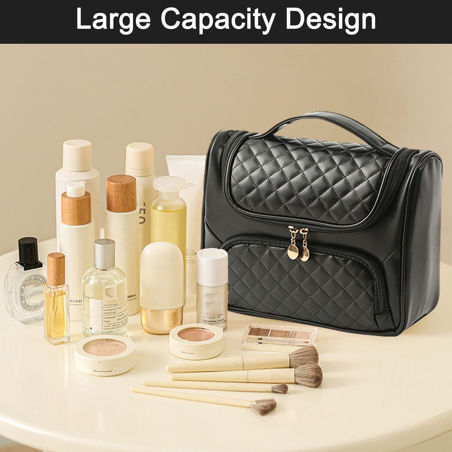 GOLDORANGE Cosmetic Bag Large Capacity Hanging Toiletry Bag Portable Travel Makeup Bag Waterproof Toiletries Bag with Compartment Cosmetic Organizer Bag for Women, Black