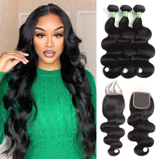 beauty youth Human Hair Body Wave Bundles with Closure (10 12 14 + 10) Unprocessed Virgin Brazilian Human Hair Bundles with Free Part Lace Closure Body Wave 3 Bundles Hair Weave Natural Color