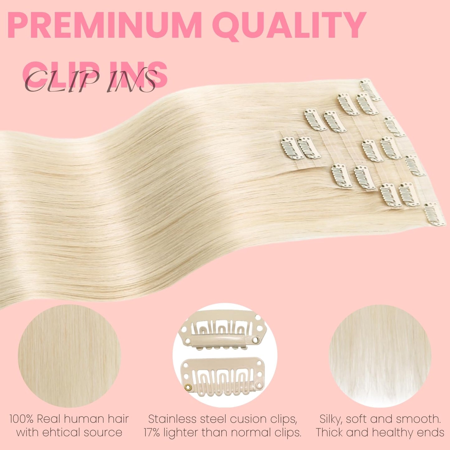 FUOTONBUTY Clip in Hair Real Human Hair Double Stitched 7pcs, Platinum Blonde Human Hair Clip in Extension, Seamless Clip in Hair Extensions 90g, Invisible Clip in Hair Extensions Human Hair 14 Inch