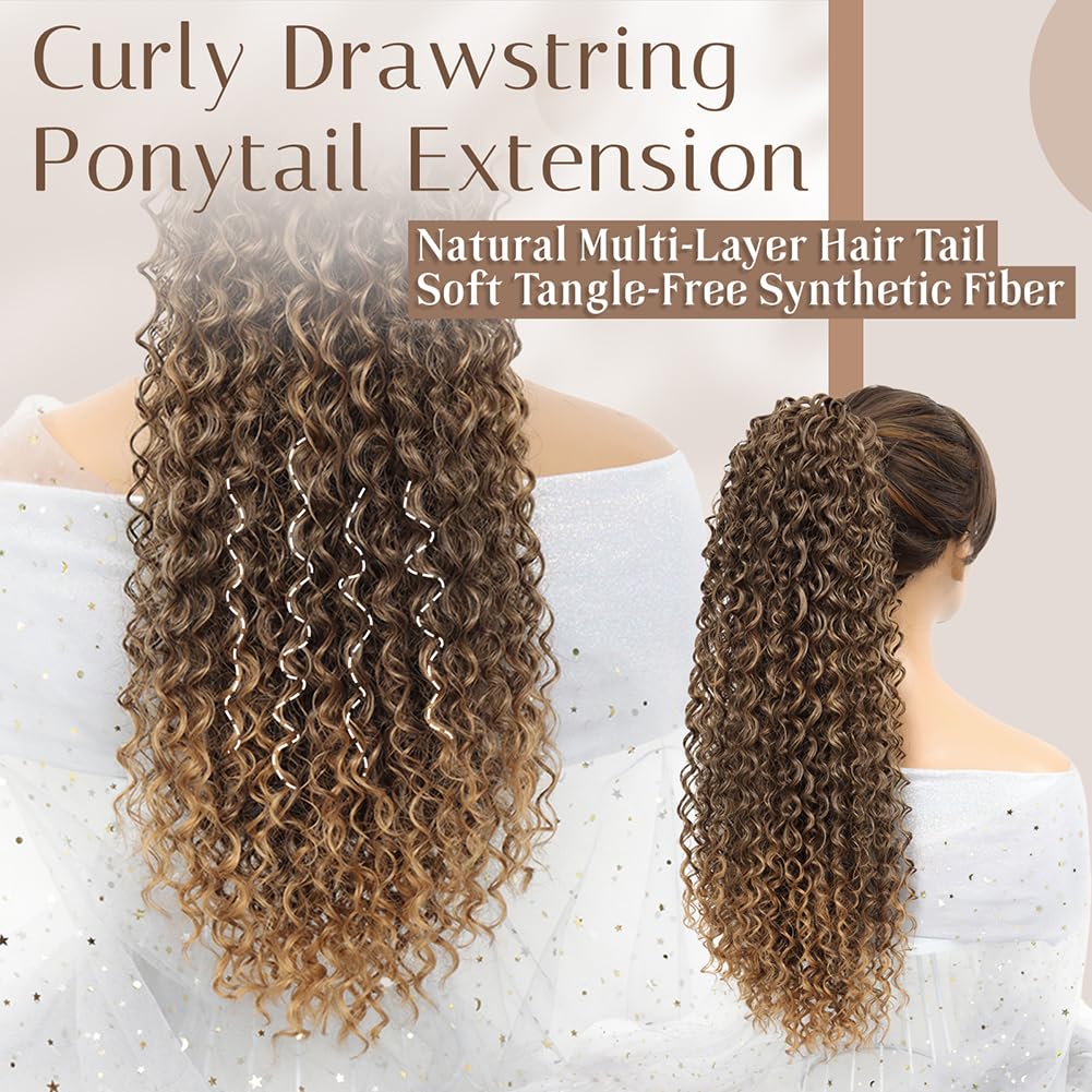 LOSMOEER Ponytail Extension 10 Inch Drawstring Ponytail Hair Extensions for Women Dark Brown Short Kinky Curly Ponytail Fake Hairpiece Daily Party Use