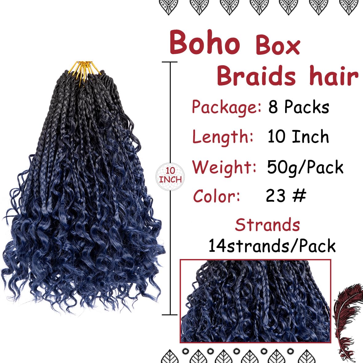 Beverlee 10 Inch 8 Packs Boho Box Braids Goddess Box Braids Crochet Hair Bohemian Hippie Braids Braiding Hair Box Braids with Curly Ends Messy Pre-Looped Synthetic Crochet Hair for Black Women 2/3#