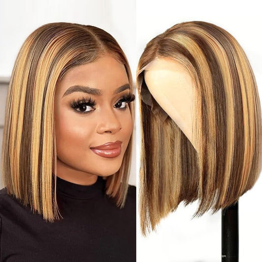 Highlight Bob Wig Human Hair Ombre 13x4 Hd Lace Front Wigs Human Hair Pre Plucked with Baby Hair 180% Density Honey Colored Frontal Glueless Short Straight Blonde Bob Wigs for Women p4/27 12 Inch