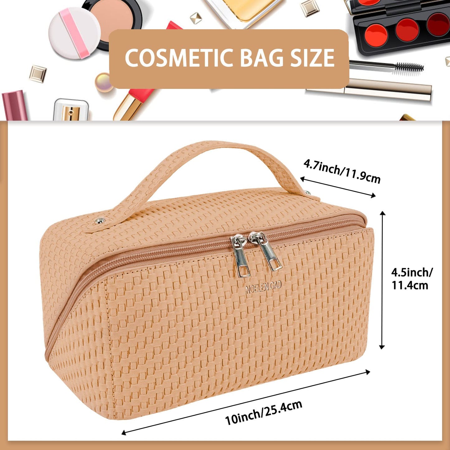 Large Capacity Travel Makeup Bag for Women,Portable Cosmetic Bag , New Popular PU Leather Waterproof Cosmetic Bag,Travel Makeup Bag With Handle and Divider Makeup Organizer Easy Access. (Light Brown)