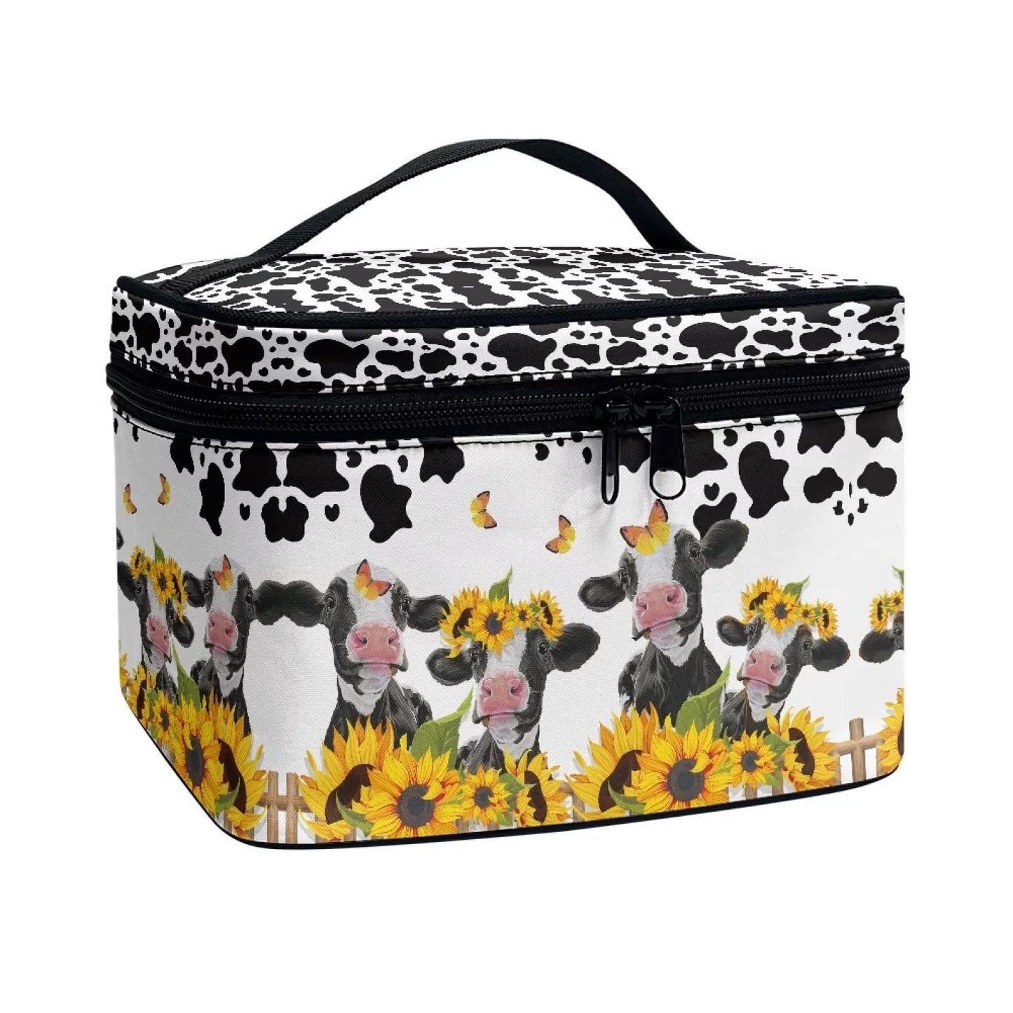 JEOCODY Cosmetic Bags for Women Sunflower Cow Print Portable Cosmetic Bag Multifunction Artist Storage Bag with Dividers for Cosmetics Makeup Brushes, Girls, Women, Friends Gifts