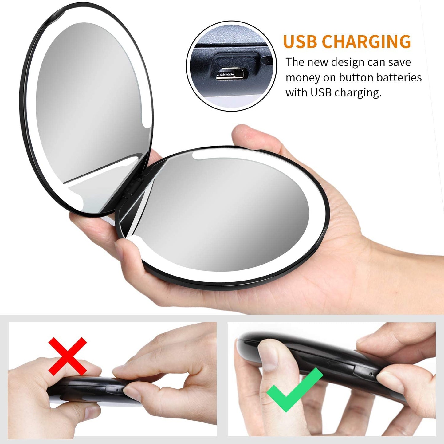 LED Lighted Travel Makeup Mirror Foldable, Dual Sided Vanity Mirror with Lights Portable Compact Illuminated Folding Tabletop Cosmetic Mirror, 1x/5x Magnifying Handheld Pocket Mirrors