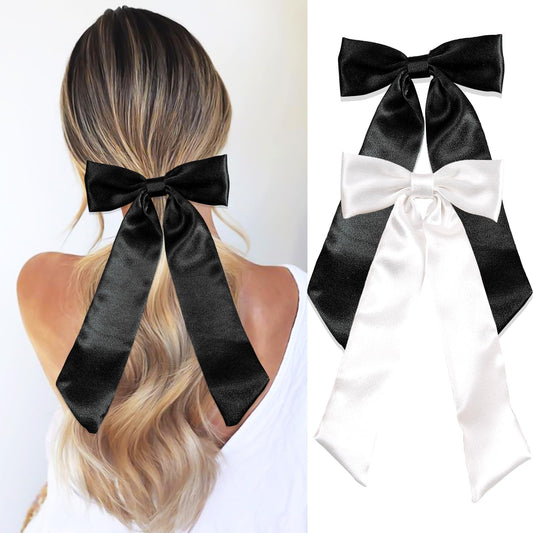 SAWINDA Big Satin Bows Hair Clip for Women 2PCS Black&White Bowknot Hair Barrette Clips Hair Ribbon Bows with Long Tail French Style Party Wedding Prom Daily Outfits Hair Accessories