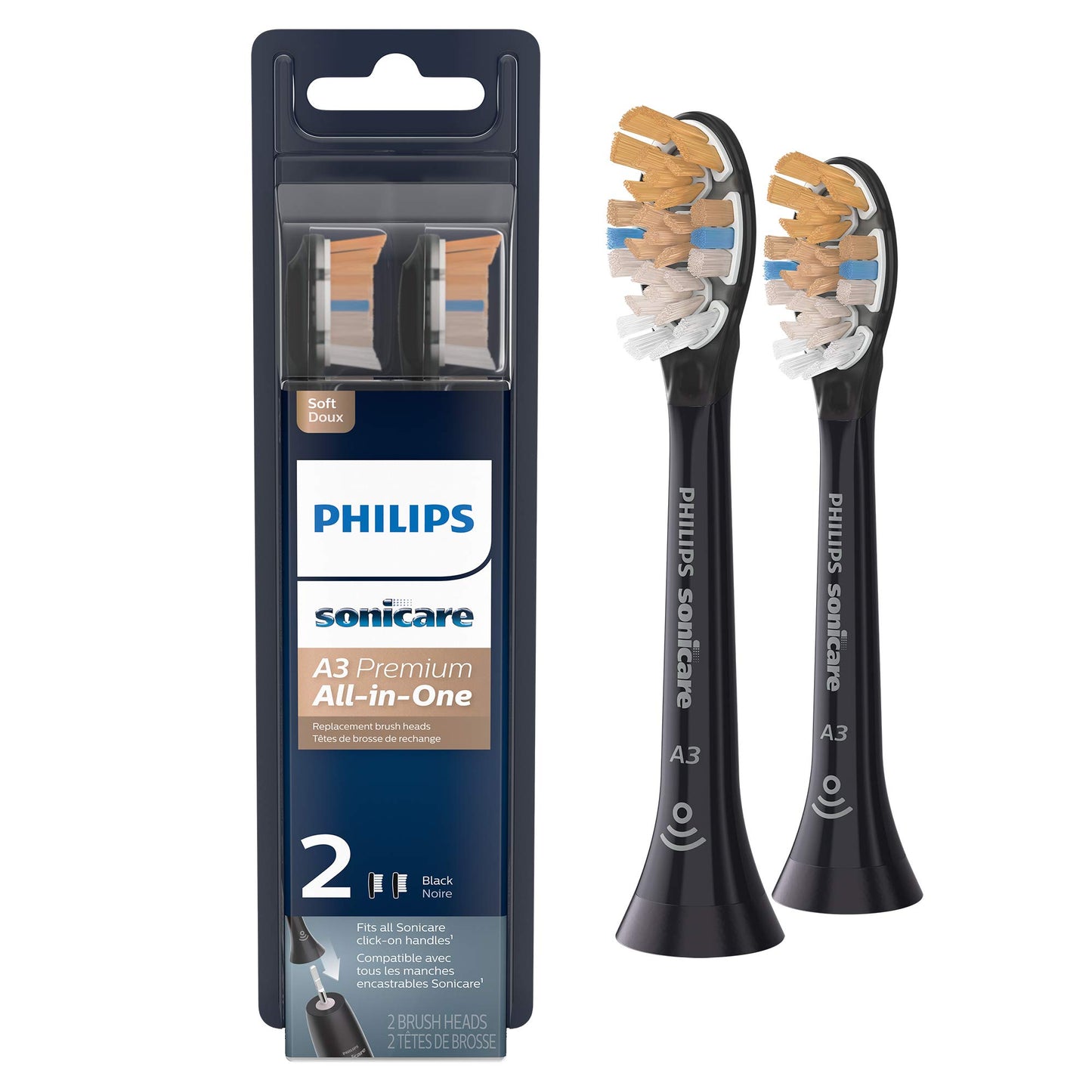 Philips Sonicare Genuine A3 Premium All-in-One Replacement Toothbrush Heads and Philips Sonicare Genuine W DiamondClean Toothbrush Heads, 2 Brush Heads Each, Black