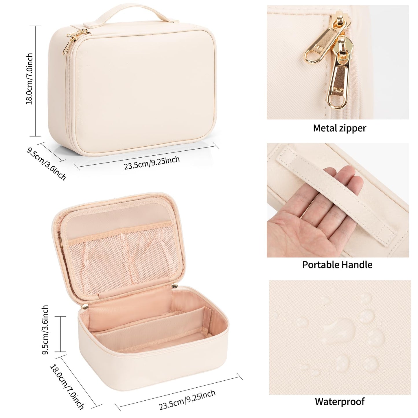 Makeup Bag, Potable Make up Bag Cute Makeup Organizer Bag for Toiletry Cosmetics Accessories with Divider and Brushes Compartments, Makeup Travel Case Cosmetic Bags Women and Girls- Beige White