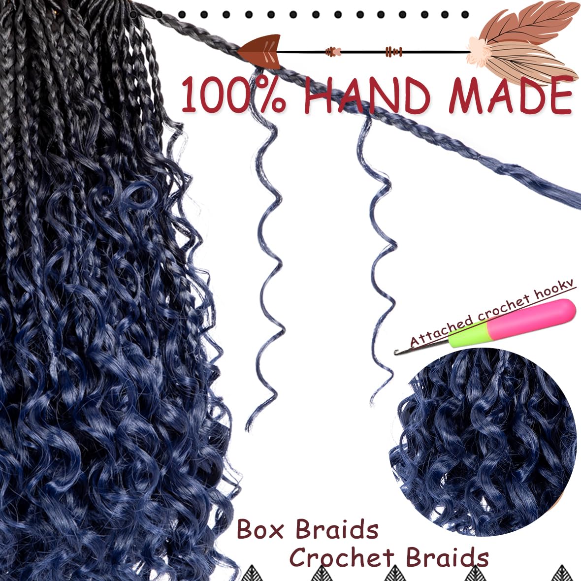 Beverlee 10 Inch 8 Packs Boho Box Braids Goddess Box Braids Crochet Hair Bohemian Hippie Braids Braiding Hair Box Braids with Curly Ends Messy Pre-Looped Synthetic Crochet Hair for Black Women 2/3#