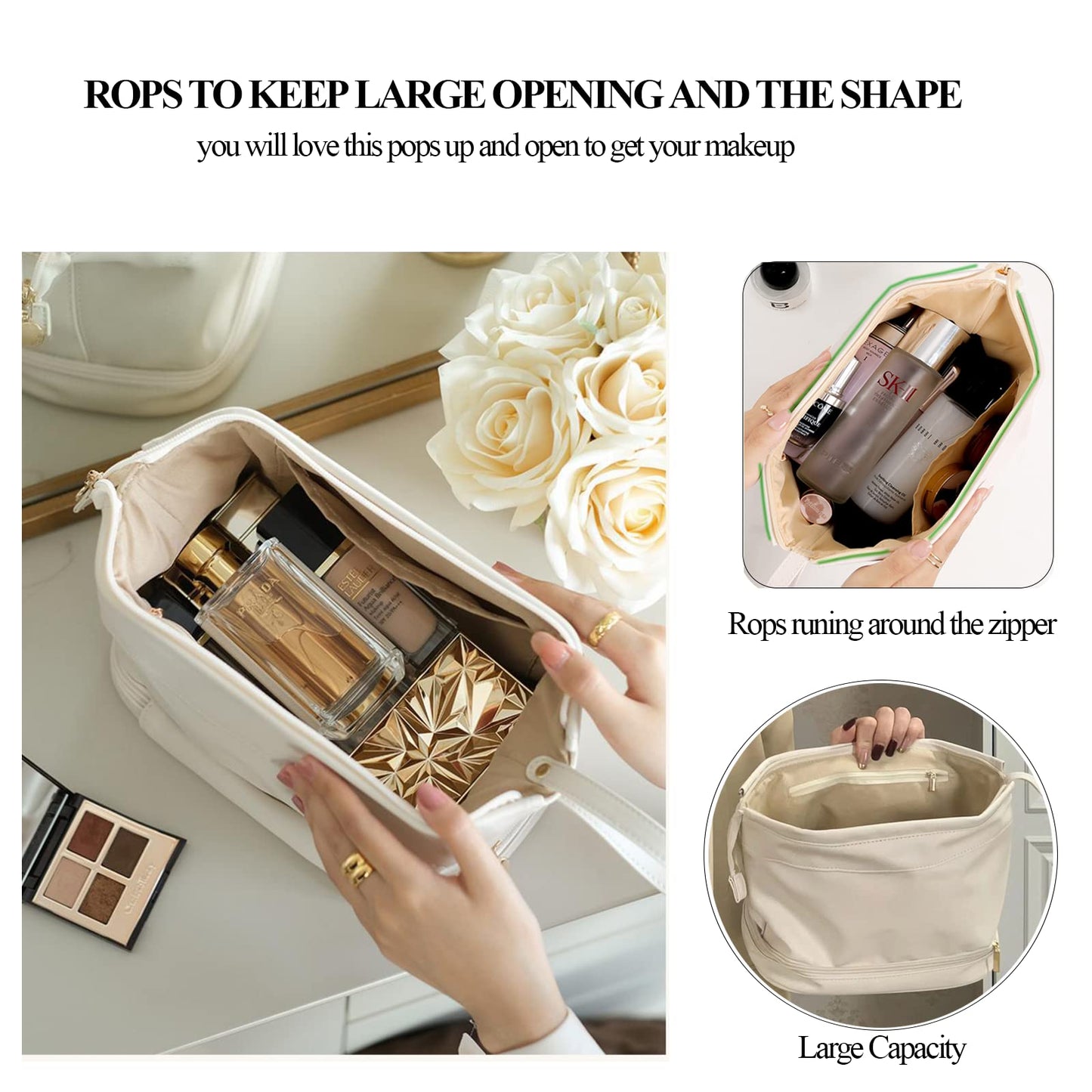 AUSEKALY Makeup Bag Travel Cosmetic Bag Double Layer Leather Toiletry Bag With Brush Bag For Women Girl High Capacity Make Up Bag Portable Waterproof Makeup Pouch White