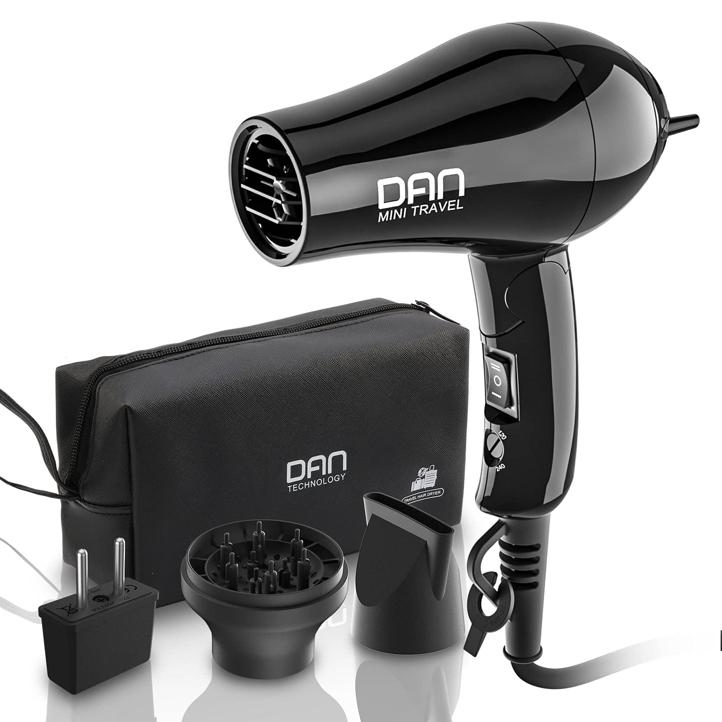 Dan Technology Compact Hair Dryer,Travel Hair Dryer,Portable Mini Blow Dryer with Concentrator&Diffuser,Hair Dryer with European Plug