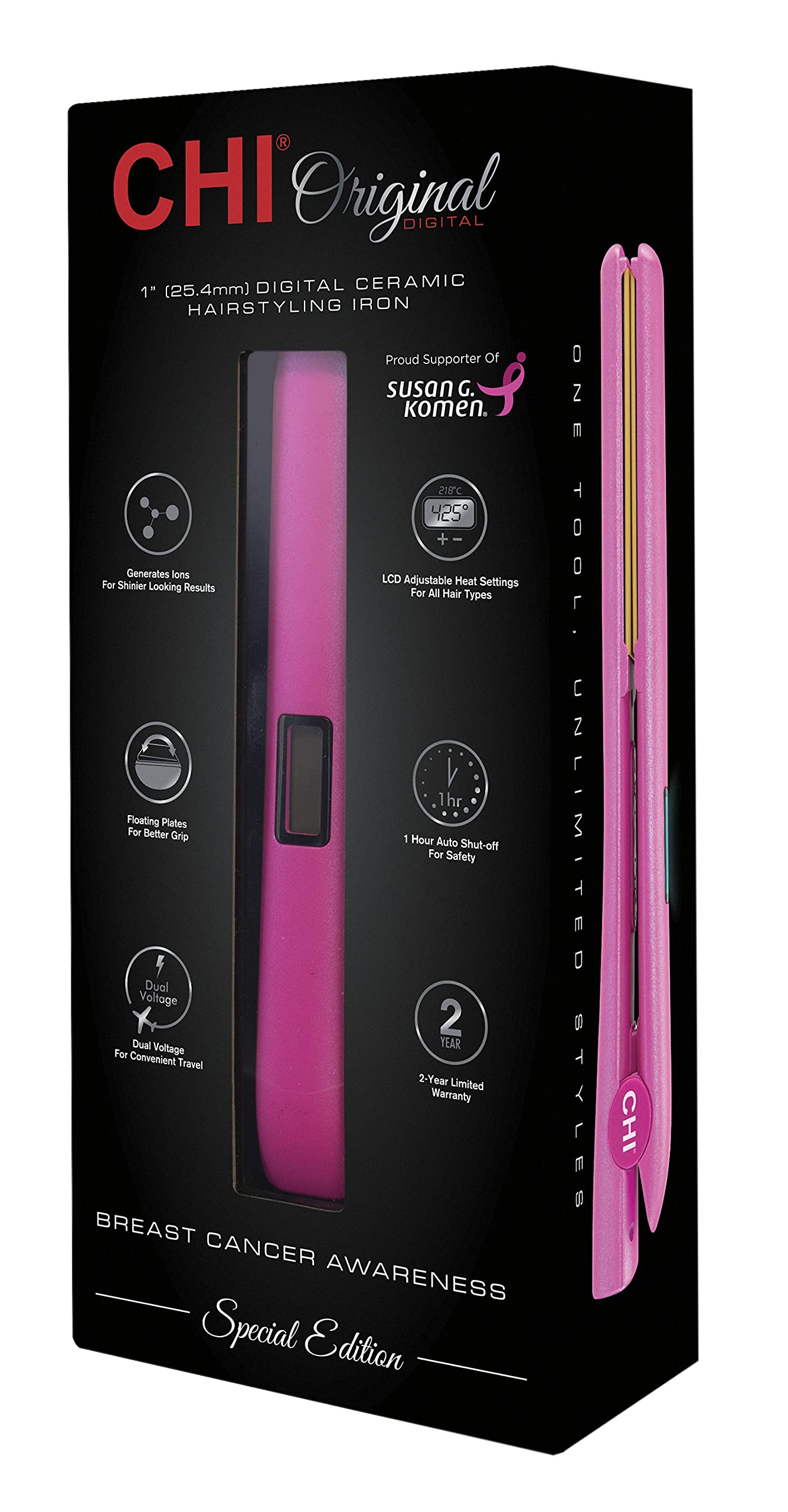 CHI 1" Original Digital Hairstyling Iron Breast Cancer Awareness and Susan G. Komen Special Edition, Pink