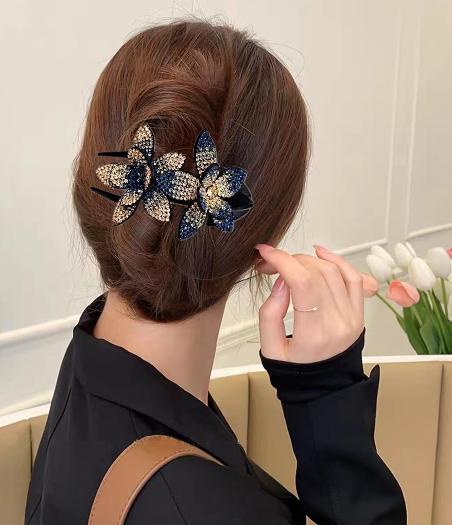 5 PCS Double Flower Rhinestone Hair Clip Elegant hair Accessories Long Hair Adult Hair Jewelry For Women Crystal Thick Hairpin