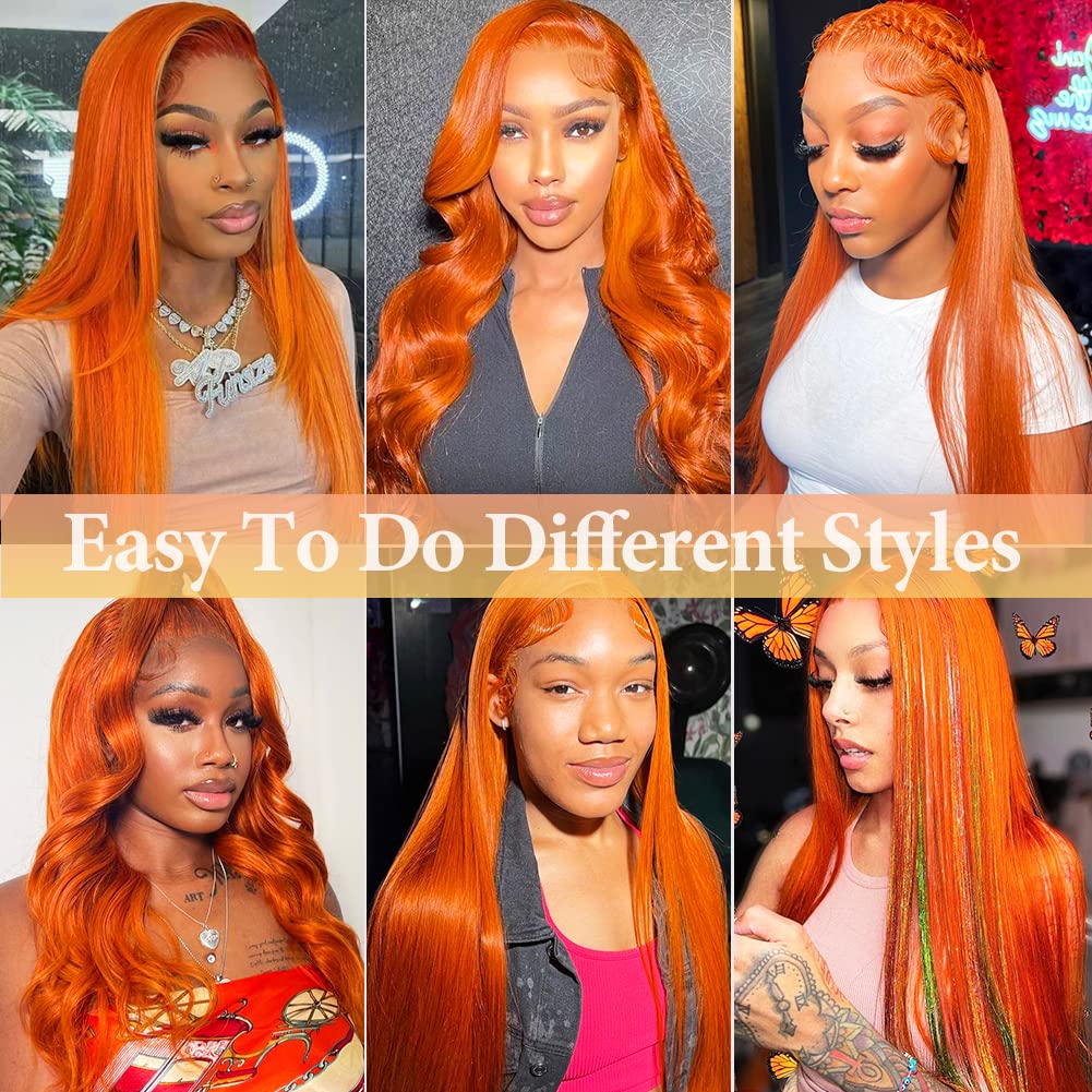 Hevgf 14 inch Ginger Lace Front Wigs Human Hair Ginger Orange Straight Human Hair Wig 13x4 Hd Lace 88j Colored Wigs Human Hair Pre Plucked With Baby Hair For Woman 180% Density