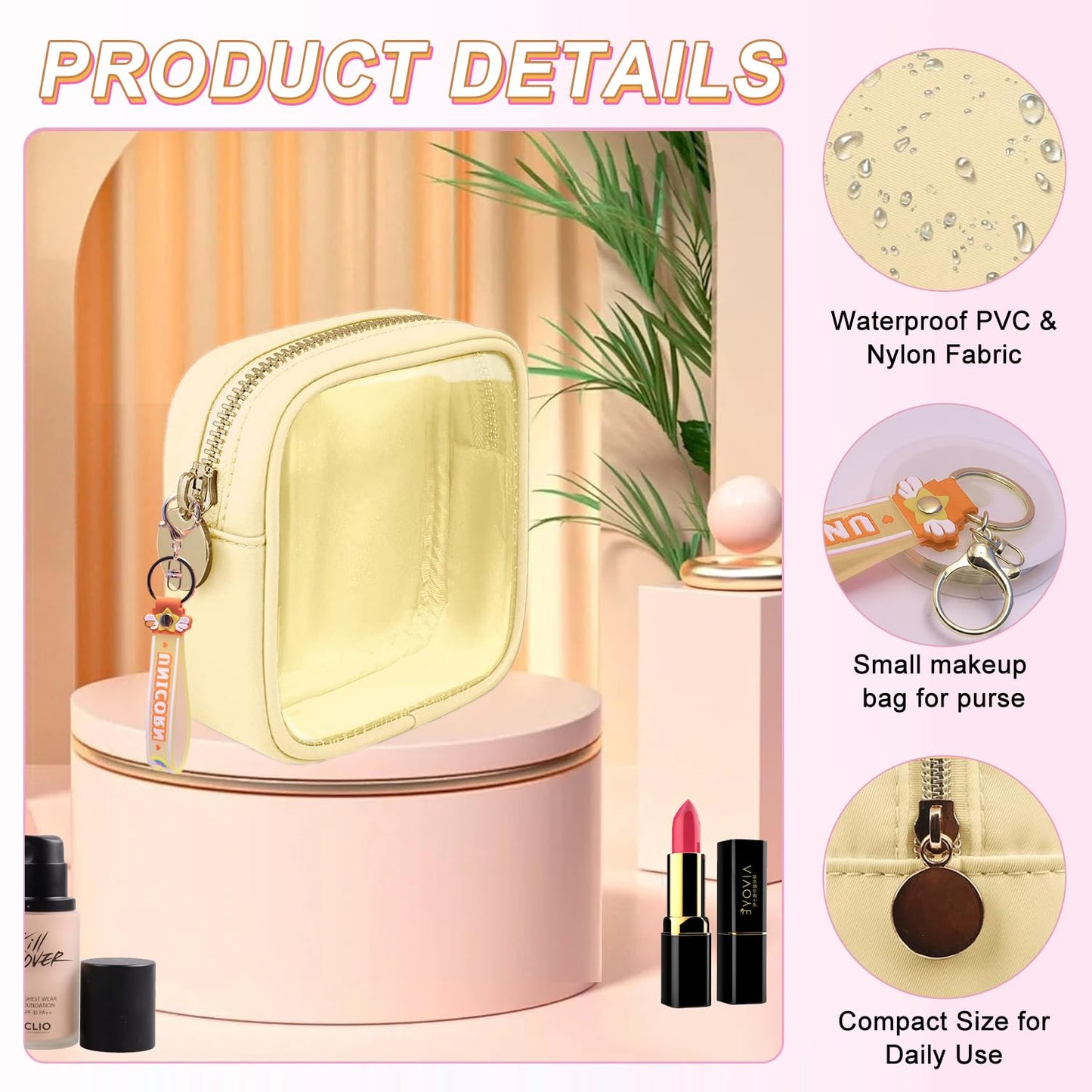 Yhwocd Mini Makeup Bag Makeup Pouch for Women And Girls, Mini Pouch Clear with Zipper Cosmetic Bag for Purse, Transparent PVC & Nylon Bag Waterproof Preppy Toiletry Bag Cute (Mini, yellow)