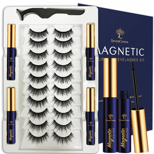 7C SevenCrown Magnetic Eyelashes with Eyeliner Kit, 3D Cat-Eye Magnetic Lashes, 4 Tubes of Magnetic Liner Waterproof, Long Lasting,10 Pairs Reusable Magnet False Eyelashes Cruelty Free. Easy to Apply.