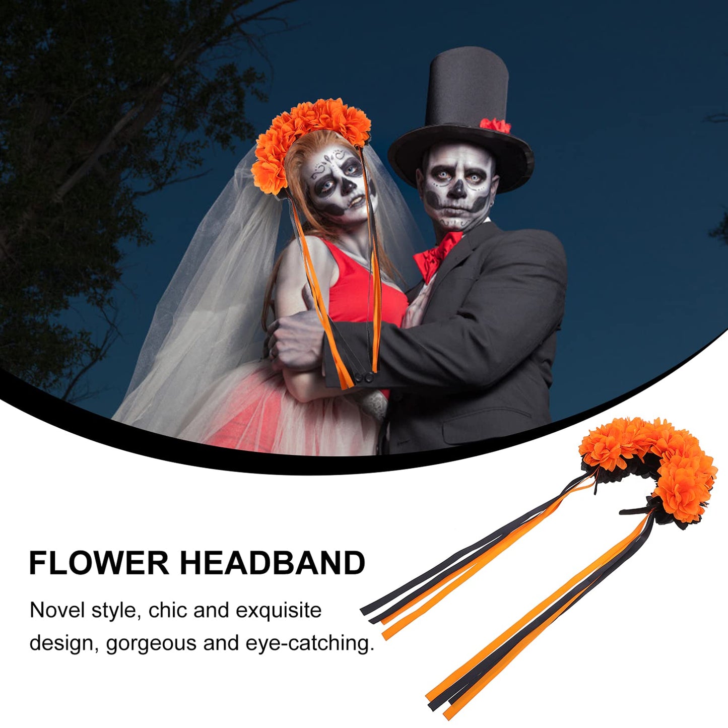 Halloween Wreath Headband Day of Dead Flower Crown Festival Headband Mexican Floral Headpiece with Ribbon for Girls Orange Black