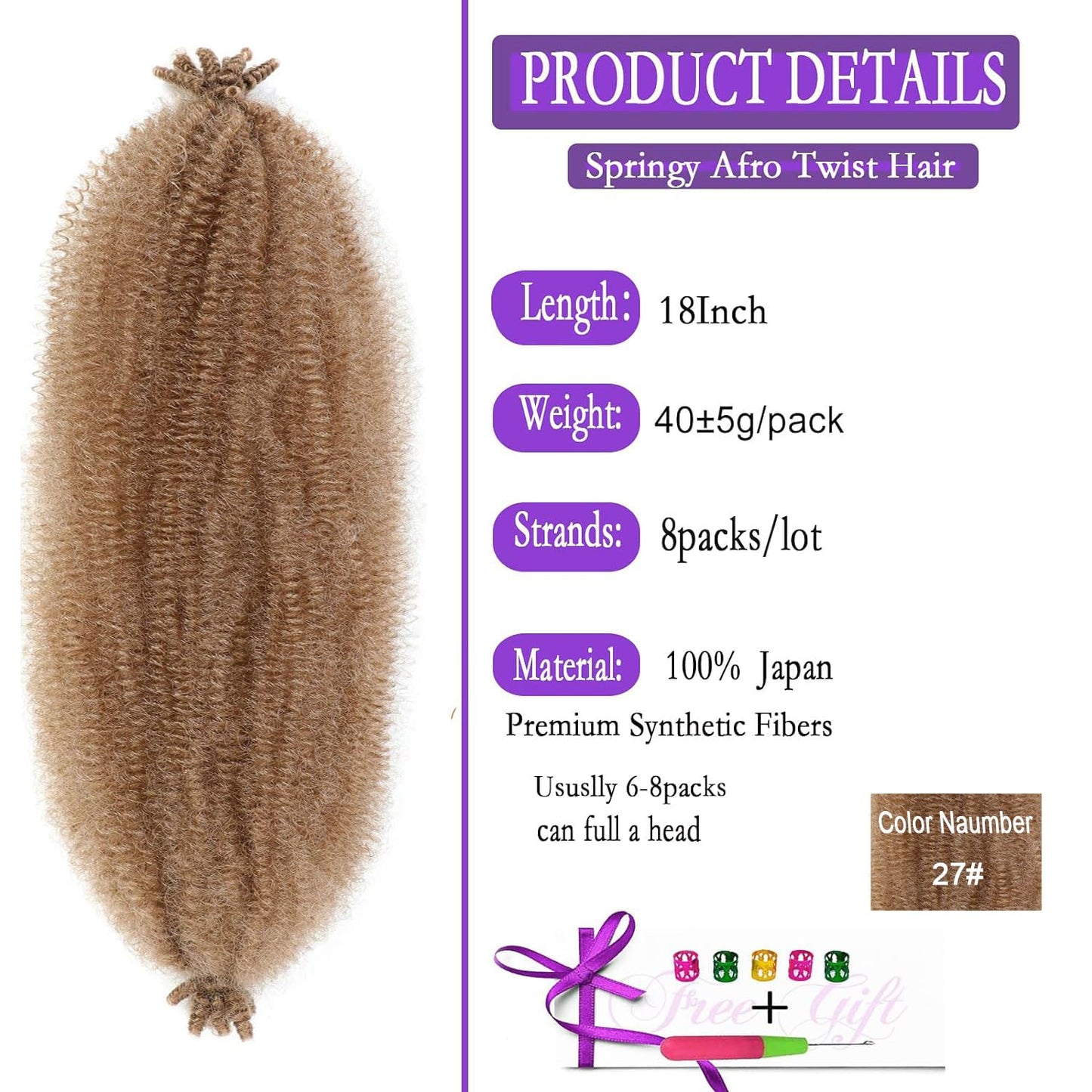 18 Inch 8 Packs Marley Twist Braiding Hair Color 27, Afro Twist Hair Cuban Twist Hair Springy Twist Hair Pre Separated Synthetic Spring Afro Twist Hair for Soft Locs Crochet Hair Pre Fluffed