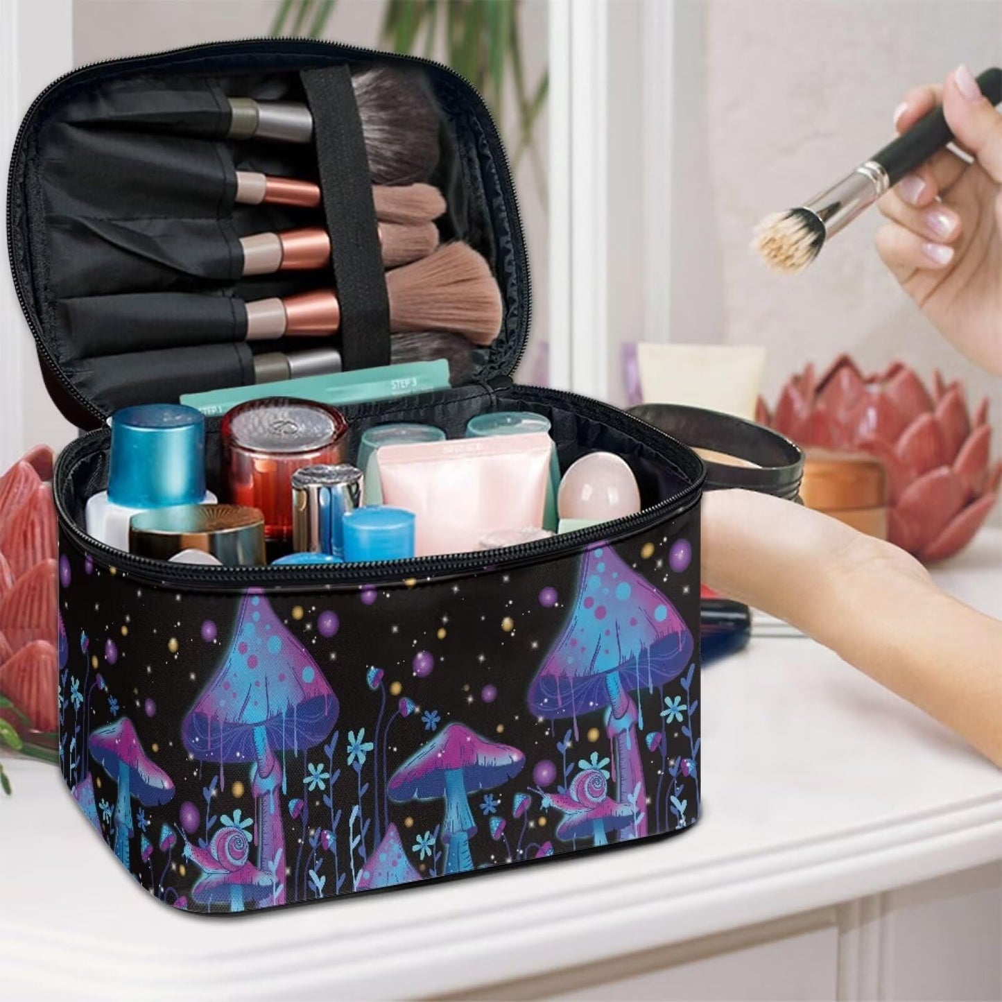 ELEDIZI Makeup Bag Mushroom Print Travel Make Up Cases Organizers and Storage Toiletry Bag for Women Carry On Double Zipper Travel Cosmetic Bag Travel Makeup Skincare Organizer Bag Teens Birthday Gift