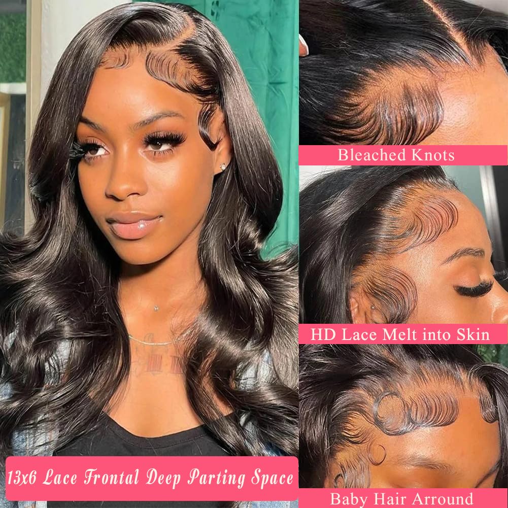 Body Wave 13x6 Lace Front Wigs Human Hair for Women Bleached Knots HD Lace Frontal Wigs Pre Plucked with Baby Hair 18Inch #1B Natural Black 150% Density Transparent Lace Front Curly Virgin Hair Wigs