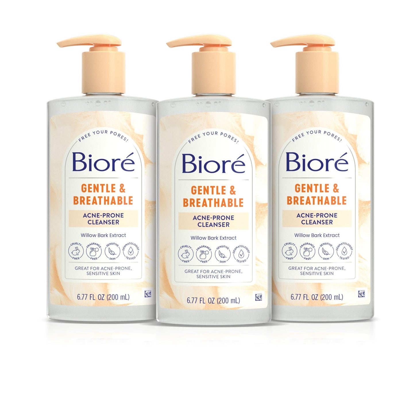 Biore Gentle & Breathable Acne Face Wash, Gentle Face Cleanser for Sensitive and Acne Prone Skin, Infused with Willow Bark Extract to Clarify Skin, Fragrance Free, 6.77 Oz , Pack of 3